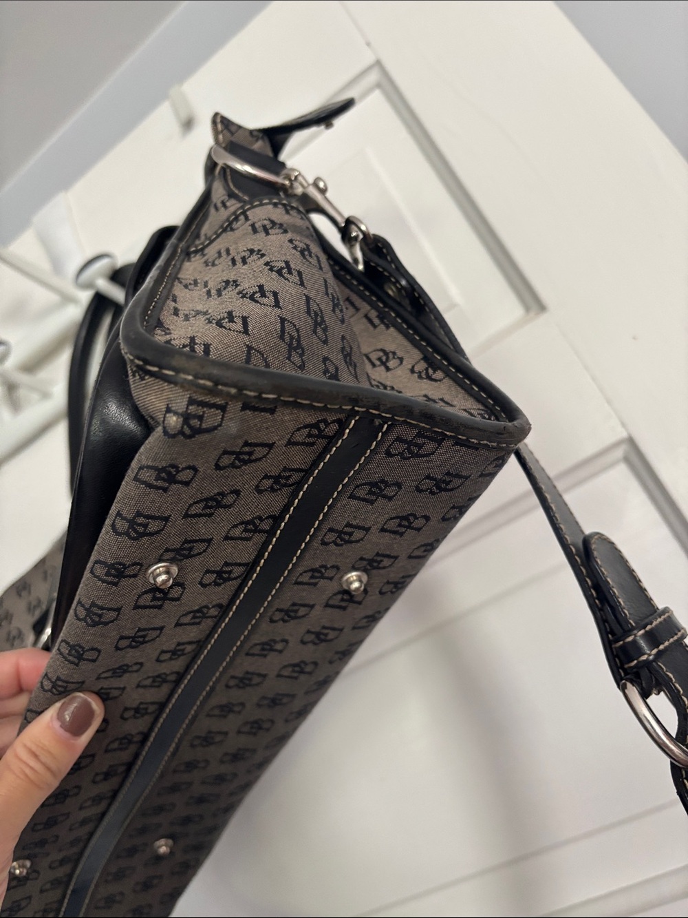 Monogram Convertible Satchel Shoulder Bag in Grey and Black - Picture 2 of 8